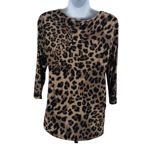 JM Collection Blouse WMNS S Brown Cheetah Top 3/4 Sleeve Pullover Crew Neck - Picture 4 of 8